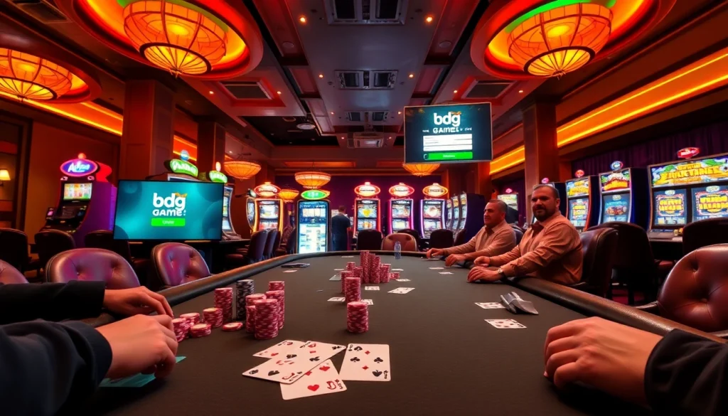 Witness the excitement of a high-stakes poker table at a casino while exploring the bdg game login interface for online fun.